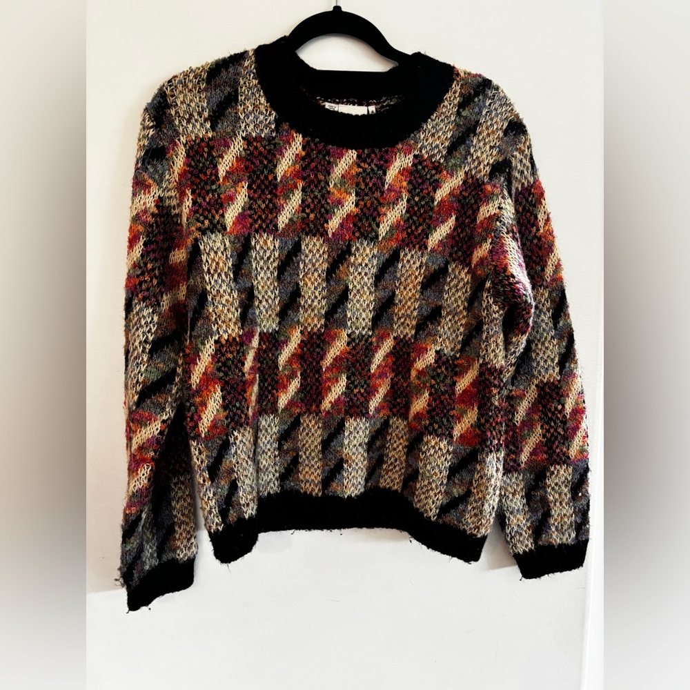 Black and Red Crew Neck Sweater with Bold Pattern